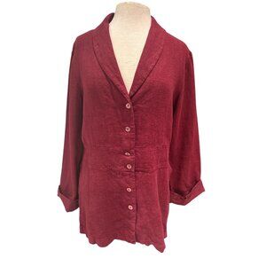 Vintage Red Button-Down Long-Sleeve Linen Blazer Jacket With Notched Lapel Colla